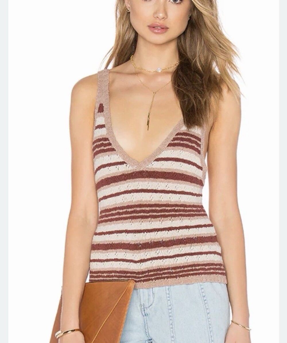 Free People Ditsy Stripe Knit Tank Top Cami Neutral Boho Halter Crochet